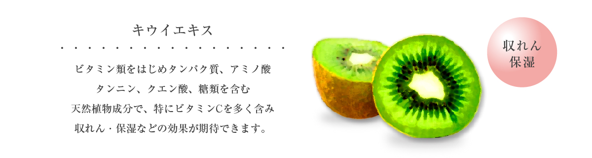 キウイエキス 収れん 保湿 ビタミン類をはじめタンパク質、アミノ酸、タンニン、クエン酸、糖類を含む天然植物成分で、特にビタミンCを多く含み、収れん・保湿などの効果が期待できます。